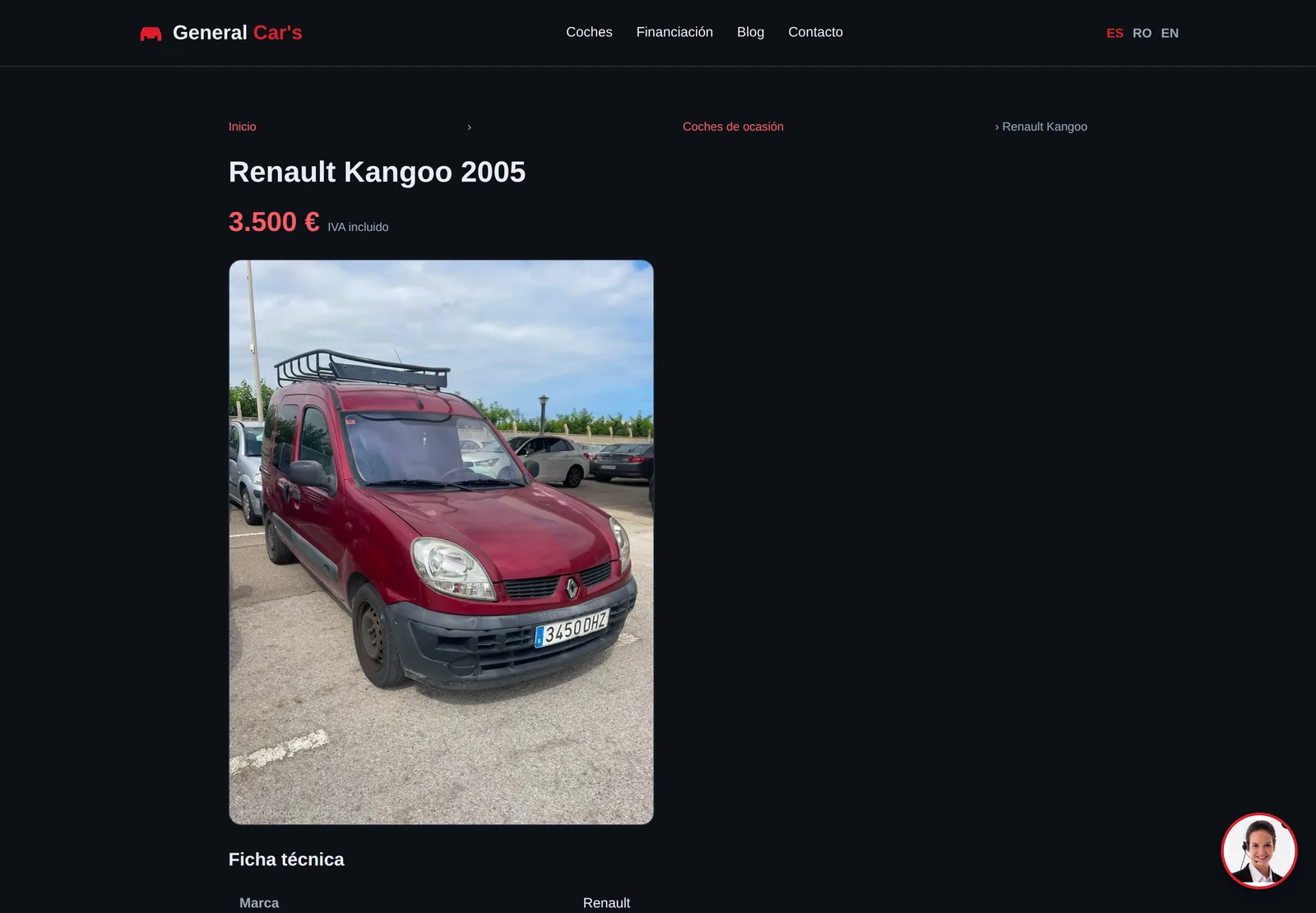 A single vehicle page on generalcars.es showing the photo gallery, price including VAT, year, mileage, fuel, gearbox and power, with contact and WhatsApp actions.