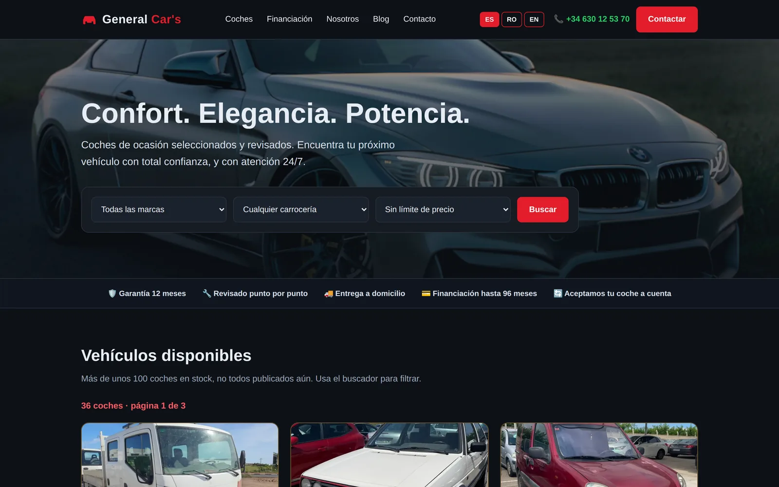 The General Car's homepage: a Spanish-language used-car search with brand, body type and price filters, a trust bar showing 12-month warranty, home delivery and financing, and the live vehicle grid below.