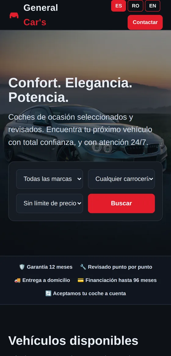 The General Car's homepage on a phone, showing the same search filters and vehicle grid adapted to a narrow screen.