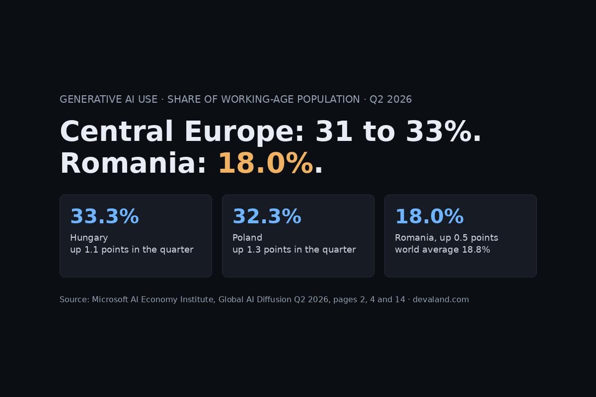 Generative AI Use in Central Europe, Q2 2026: Romania 18.0%, Poland 32.3%, Hungary 33.3%