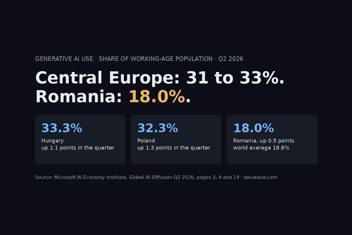Generative AI Use in Central Europe, Q2 2026: Romania 18.0%, Poland 32.3%, Hungary 33.3%