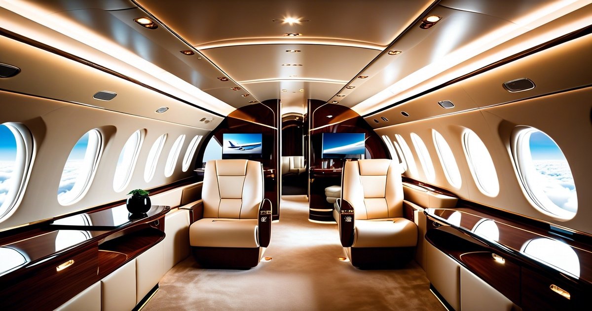 Privatjet-Charter. Anpassbare Innenausstattung eines großen Jets mit voll verstellbaren Sitzen, eleganten Essbereichen und luxuriösen Schlafsuiten.